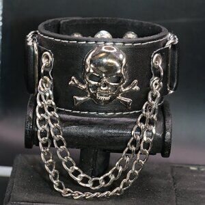 Black Leather Cuff Bracelet with Metallic Skull and Crossbones With Chains